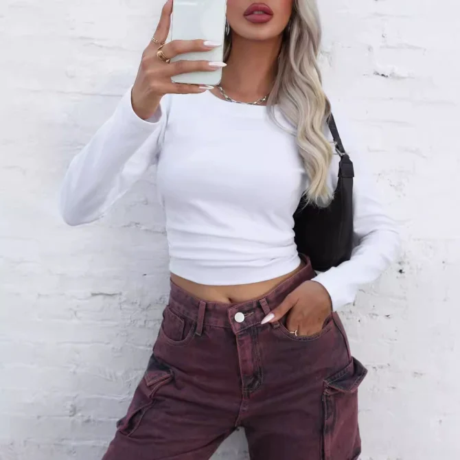 Women's White Long - Sleeve Crop Top - Image 3
